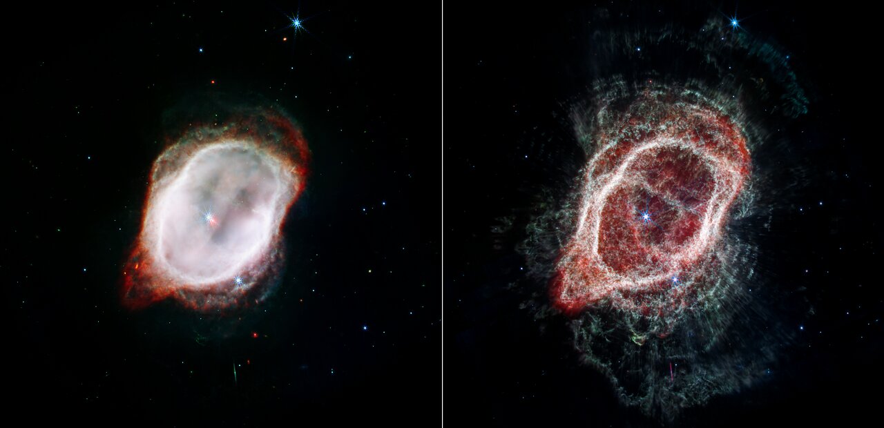 Two Views of the Gas in the Southern Ring Nebula (NIRCam and MIRI Composite Images)