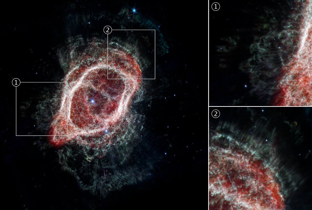 Southern Ring Nebula’s Spokes (NIRCam and MIRI Composite Image)